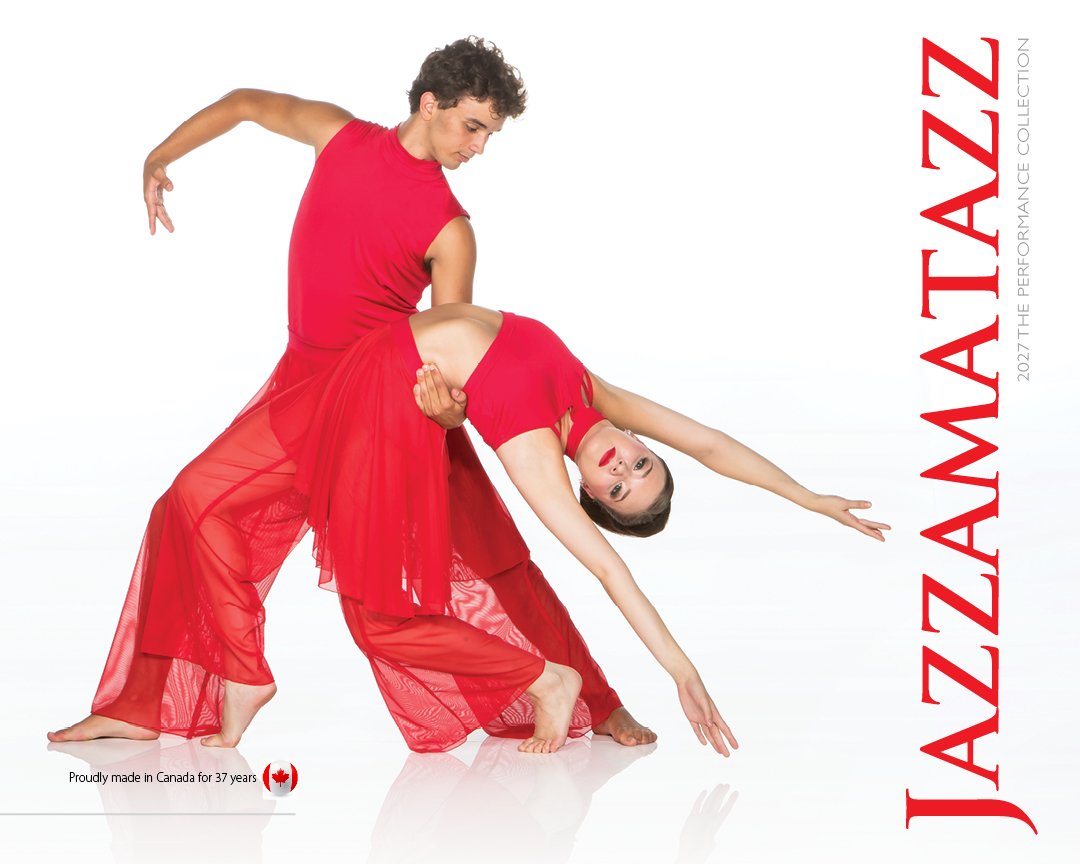 Two dancers in flowing red costumes performing an acrobatic pose