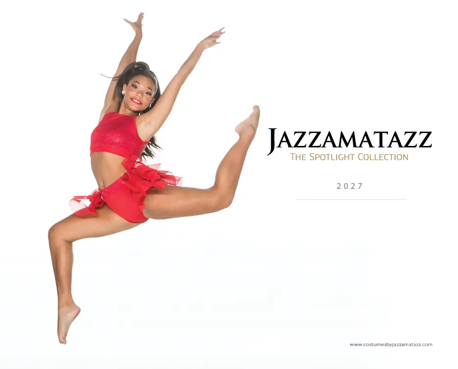 Dancer leaping in red costume beside Jazzamatazz 2027 text