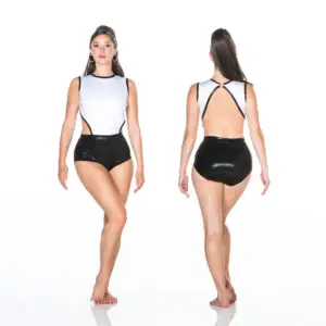Model wearing white and black open-back bodysuit, front and back
