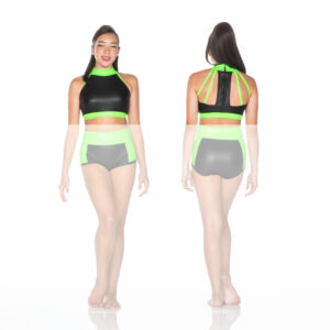 Model wearing black and neon green two-piece dance outfit