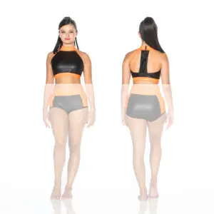 Model wearing black and orange crop top and shorts