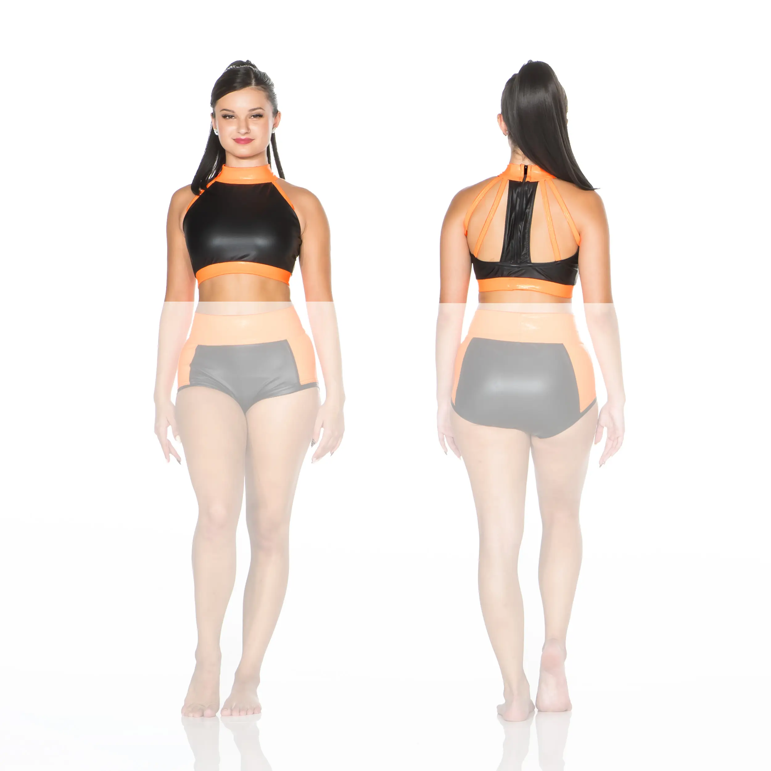 Model wearing black and orange crop top and shorts