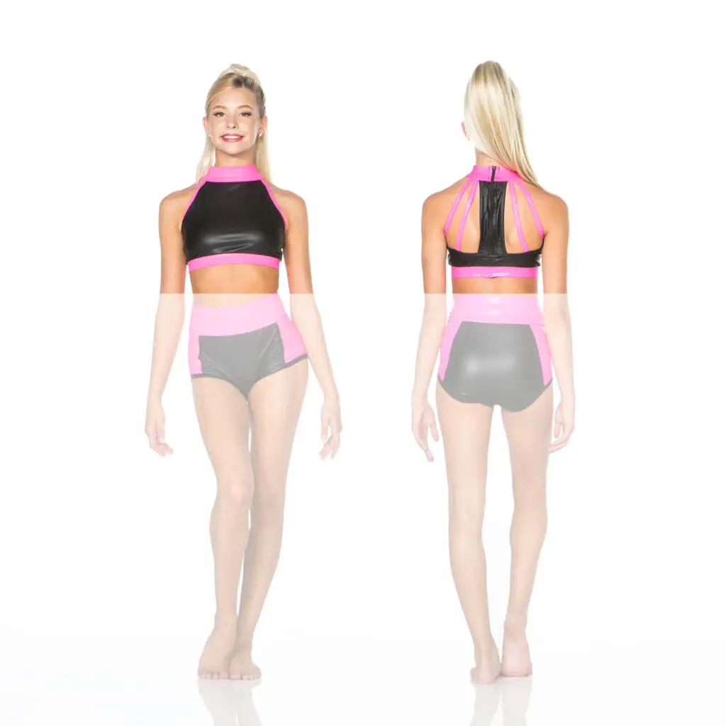 Front and back views of black and pink dancewear