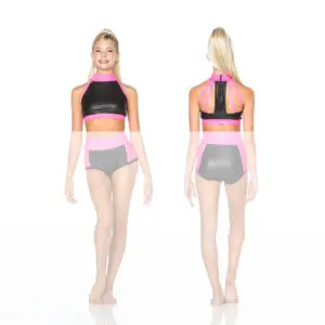 Front and back views of black and pink dancewear