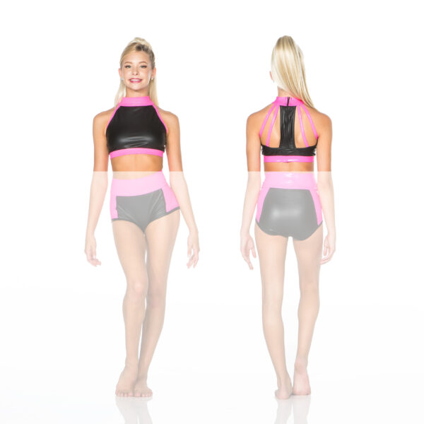 Front and back views of black and pink dancewear