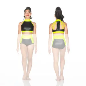 Front and back views of black neon yellow dancewear