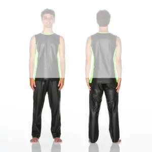 Front and back views of man in black athletic outfit