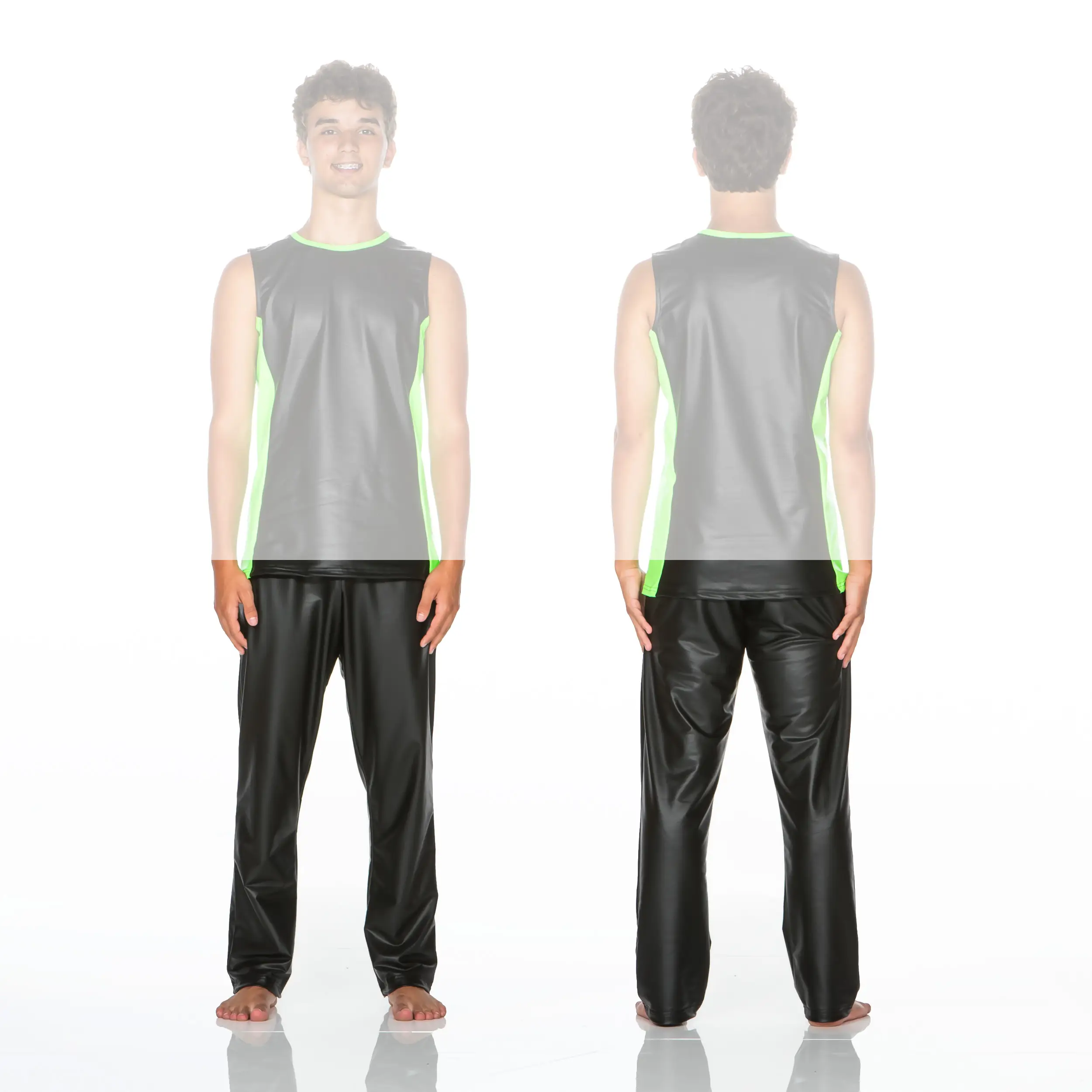 Front and back views of man in black athletic outfit