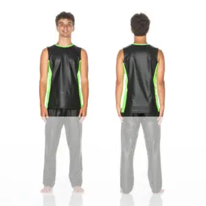 Front and back views of black green-trim sleeveless athletic shirt