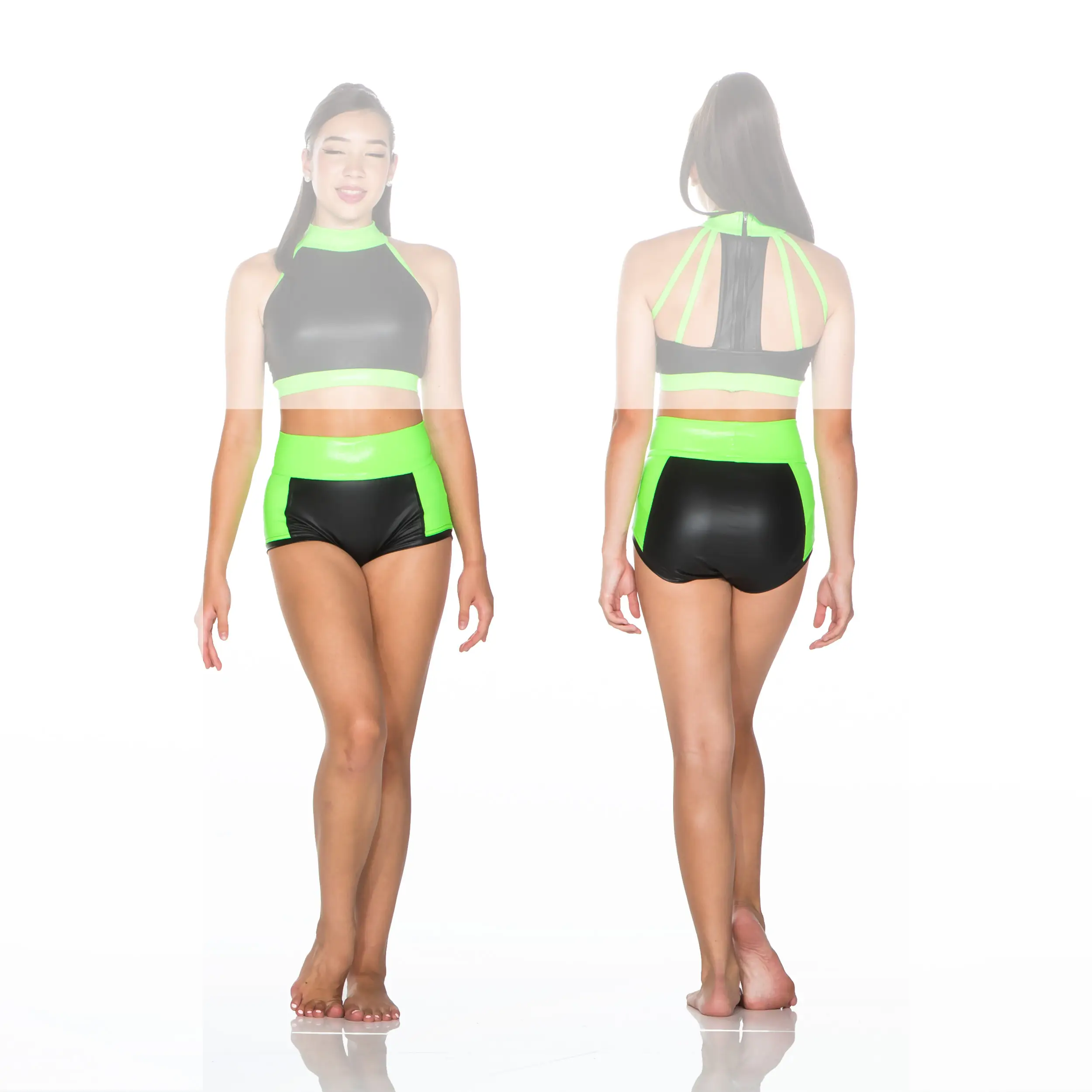Model wearing black and neon green two-piece dancewear, front and back.