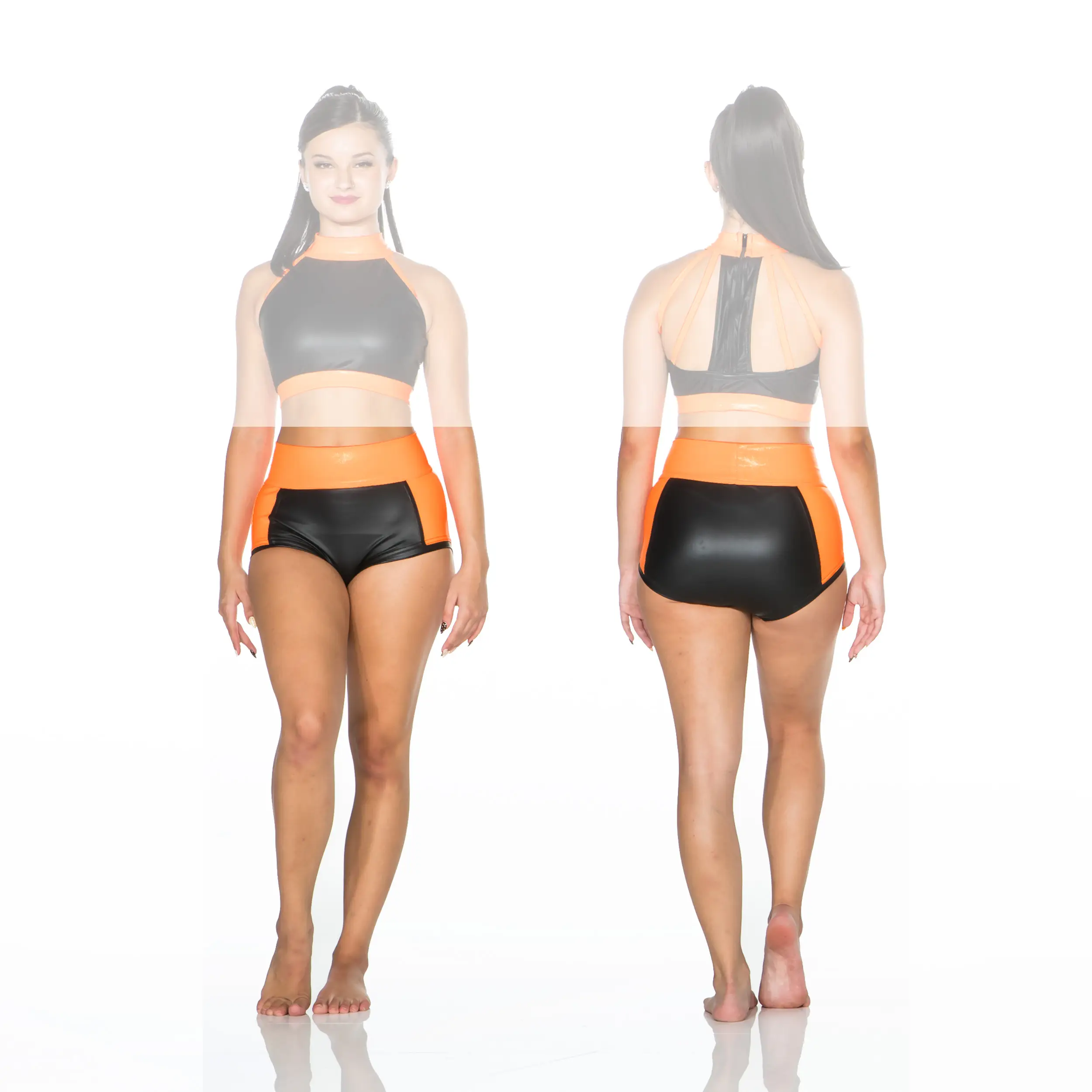 Front and back views of black and orange dance outfit