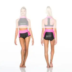 Front and back views of black and pink dance outfit