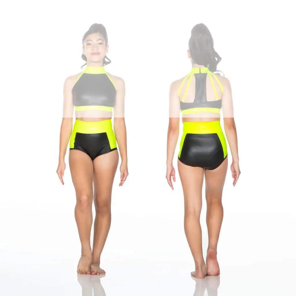 Front and back views of neon-trimmed black dancewear