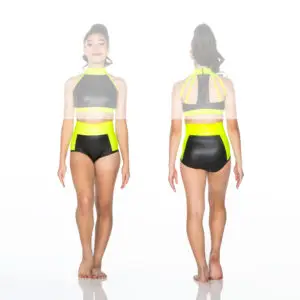 Front and back views of neon-trimmed black dancewear