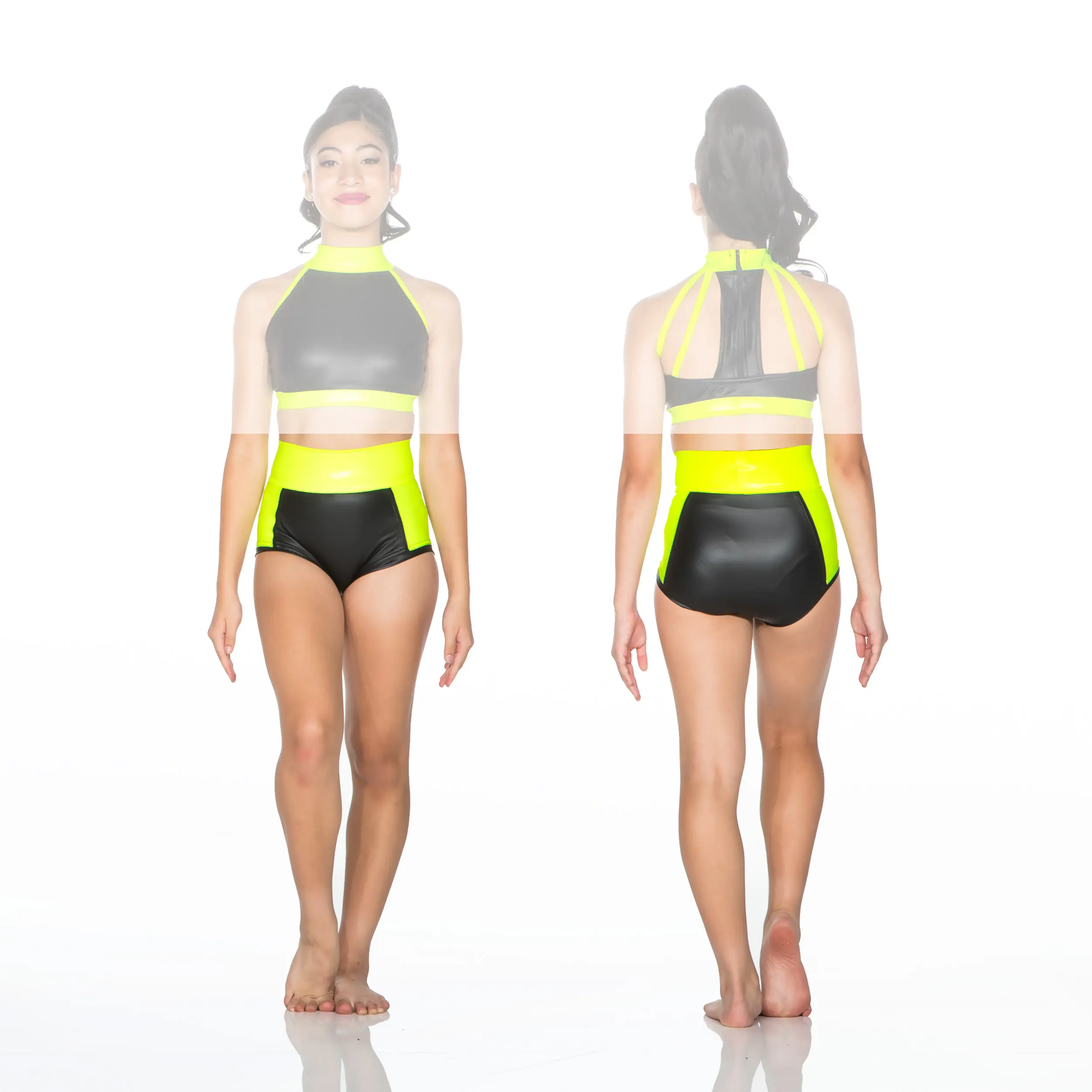 Front and back views of neon-trimmed black dancewear