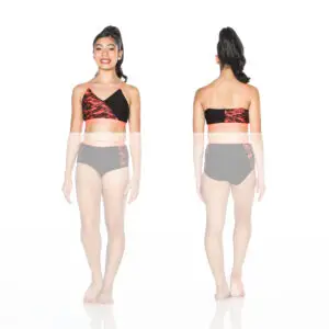 Front and back views of black and coral lace dancewear