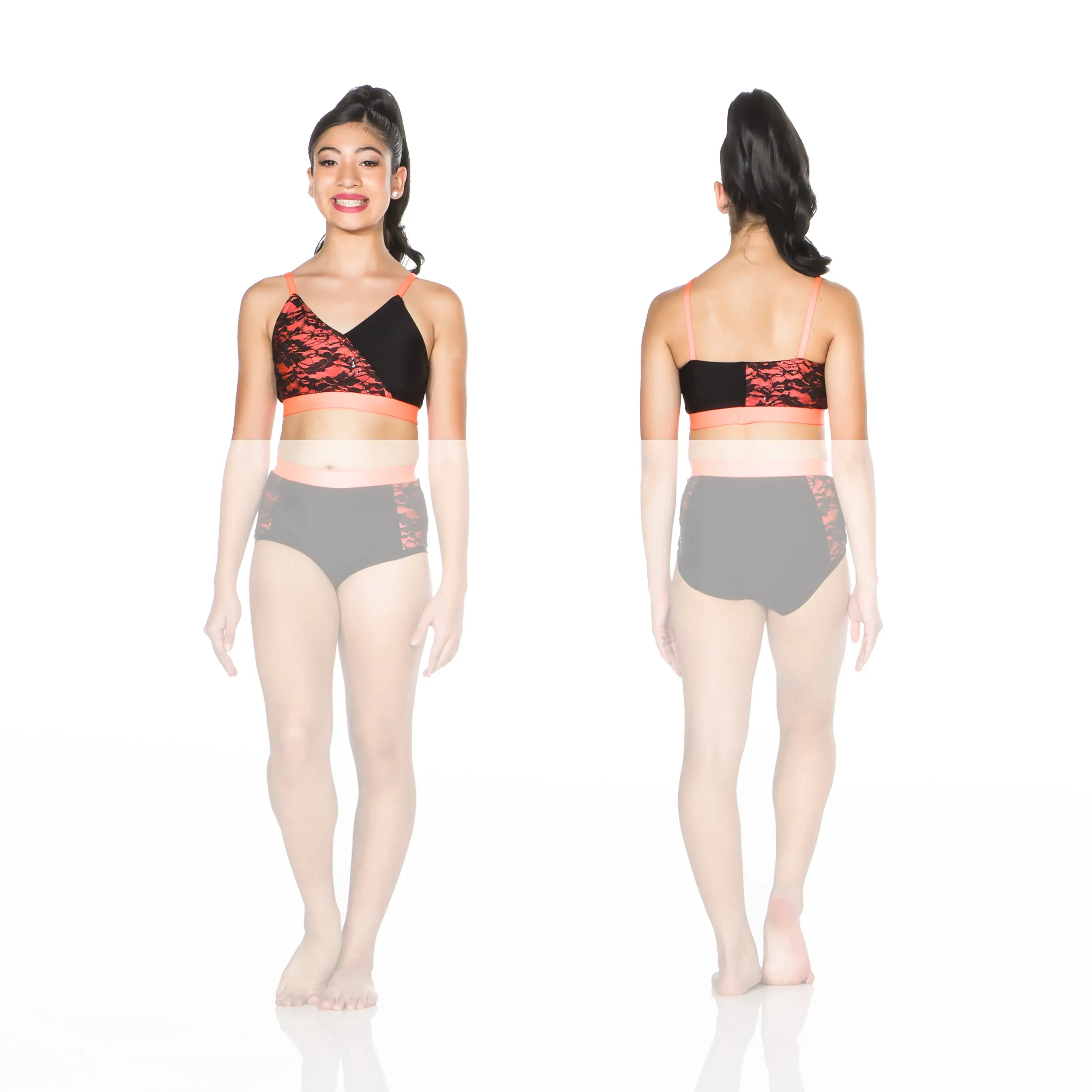 Front and back views of black and coral lace dancewear