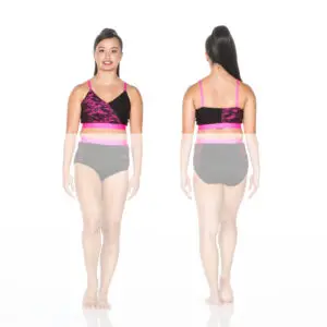 Front and back views of black and pink lace dancewear