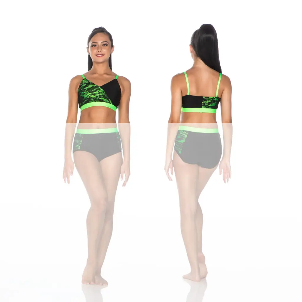 Front and back views of black and green dancewear