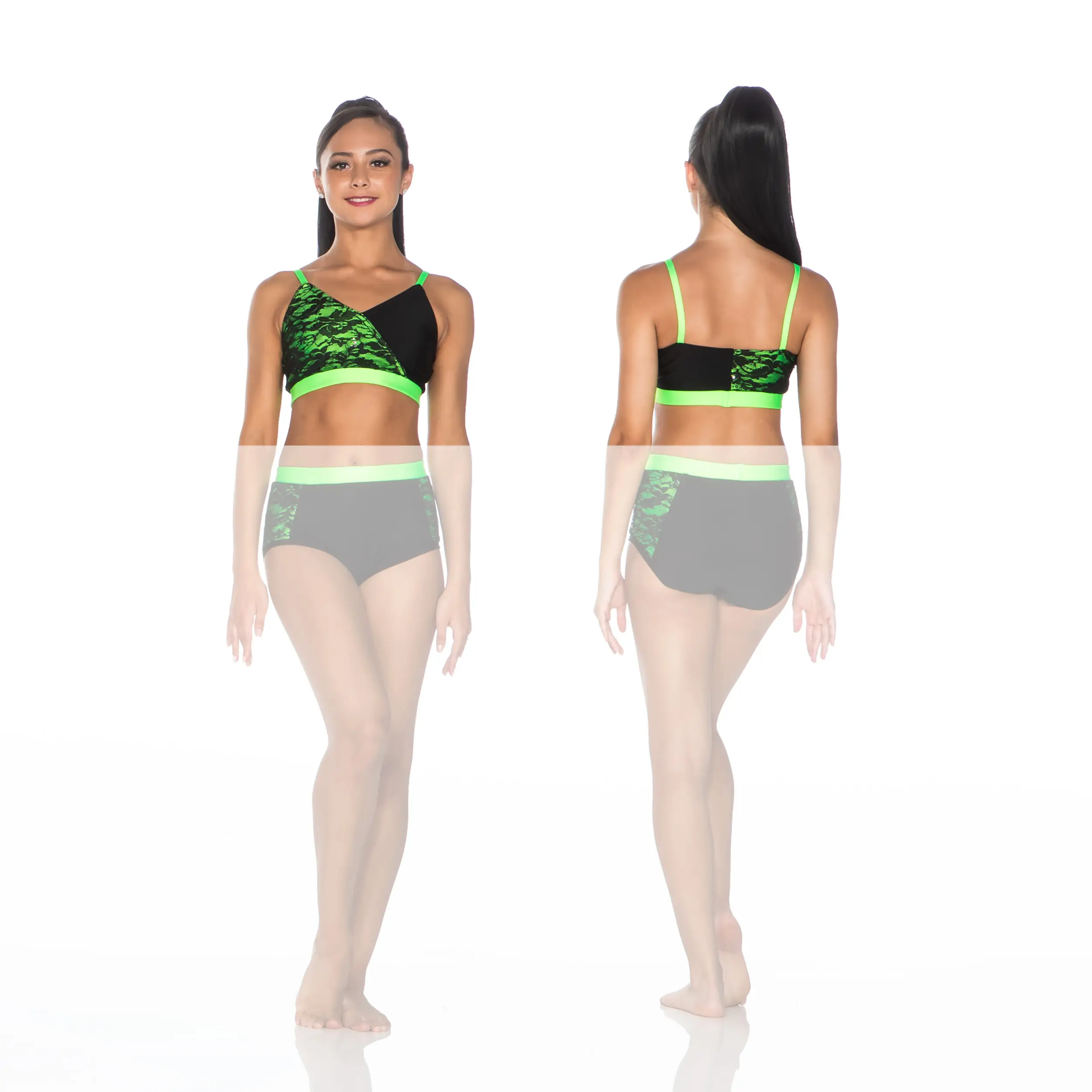 Front and back views of black and green dancewear