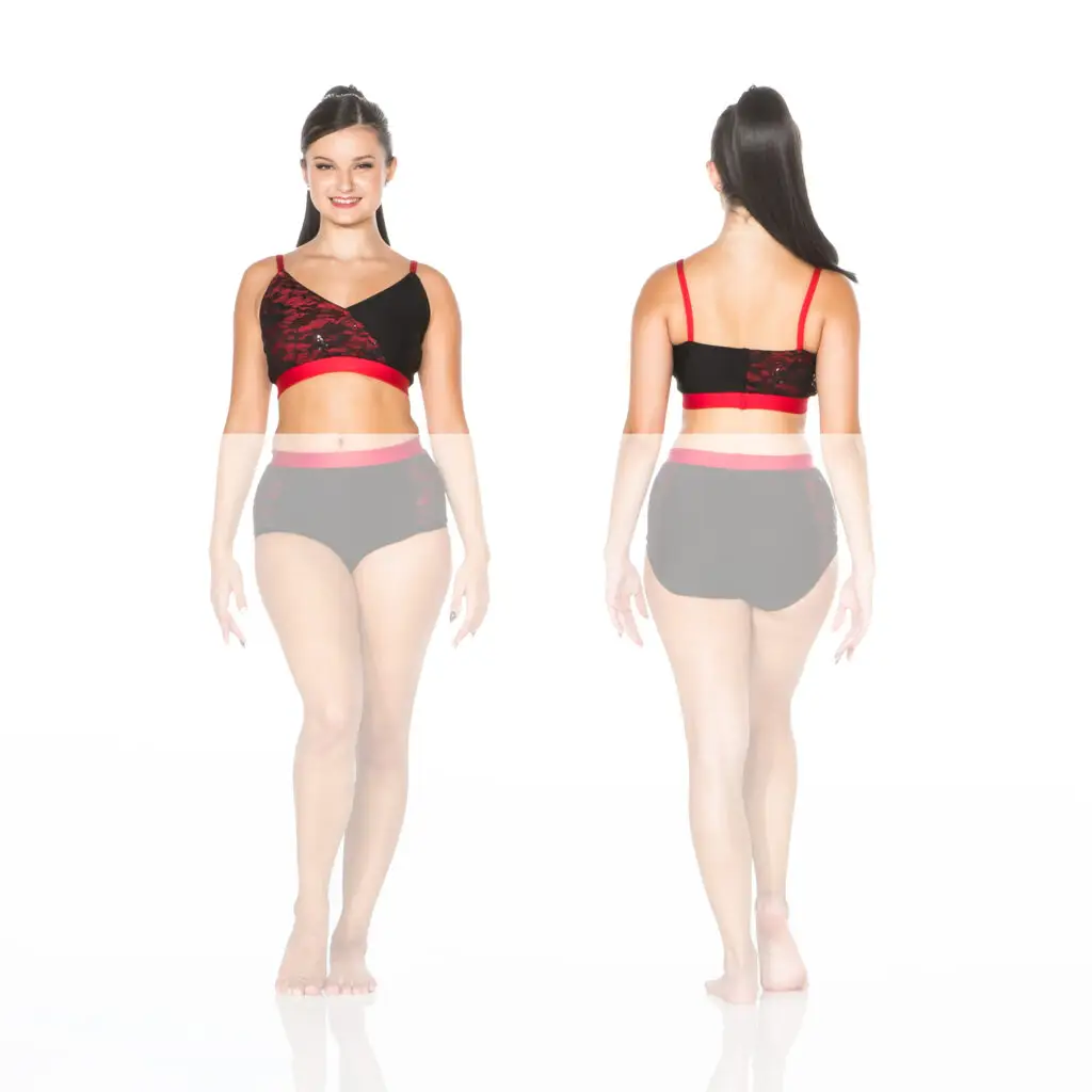 Front and back views of black and red dance costume