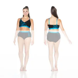 Front and back views of black and turquoise dancewear