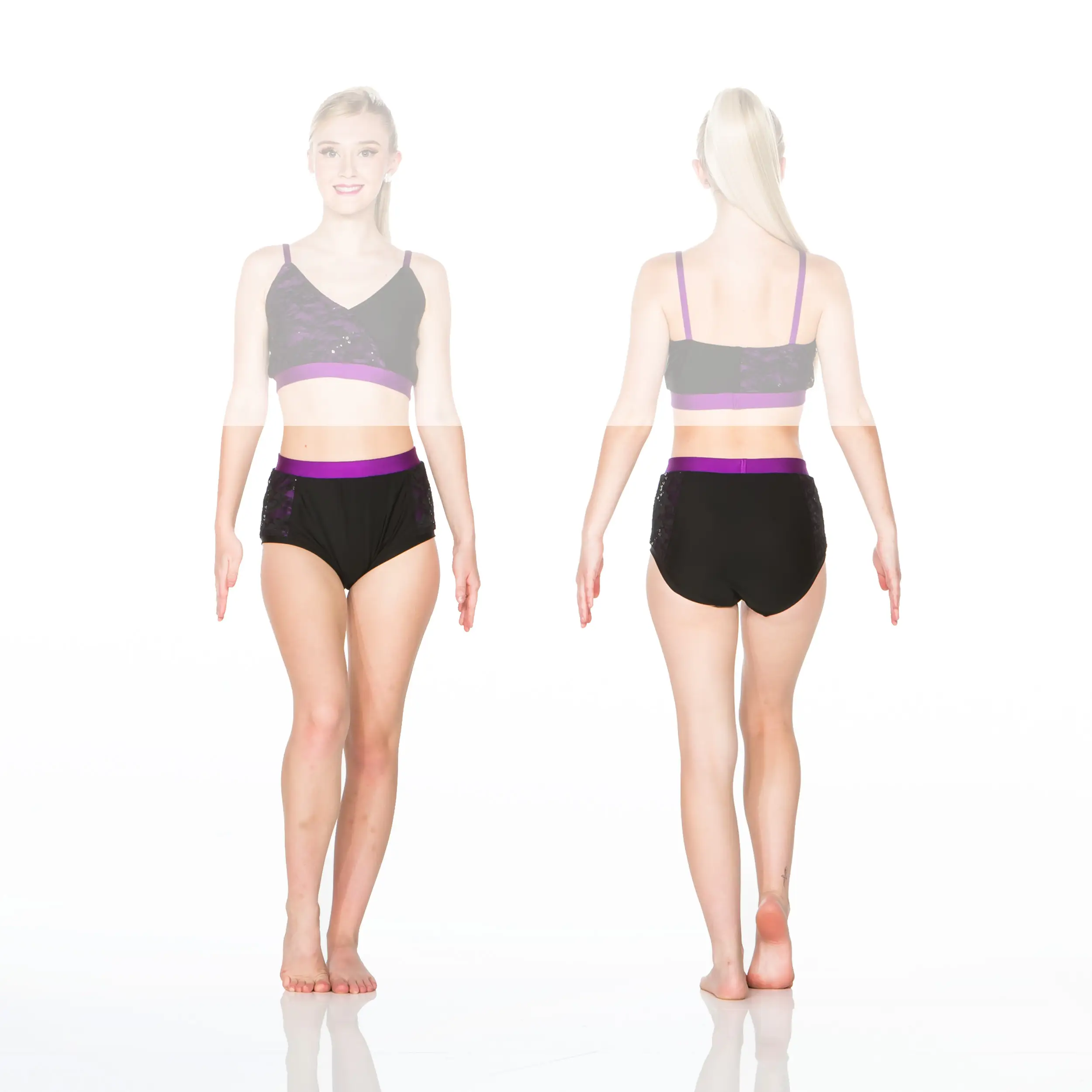 Model wearing black and purple dancewear, front and back views
