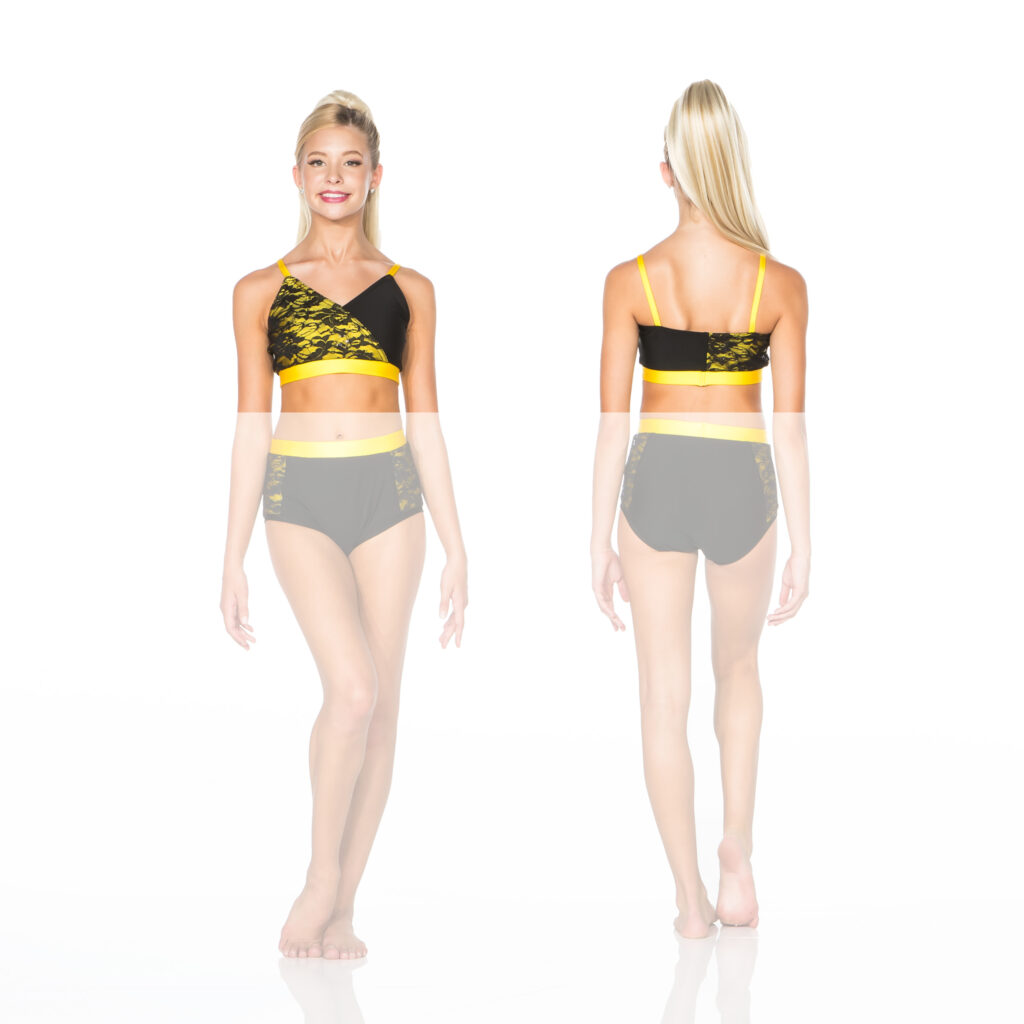 Model wearing black and yellow lace two-piece dancewear, front and back
