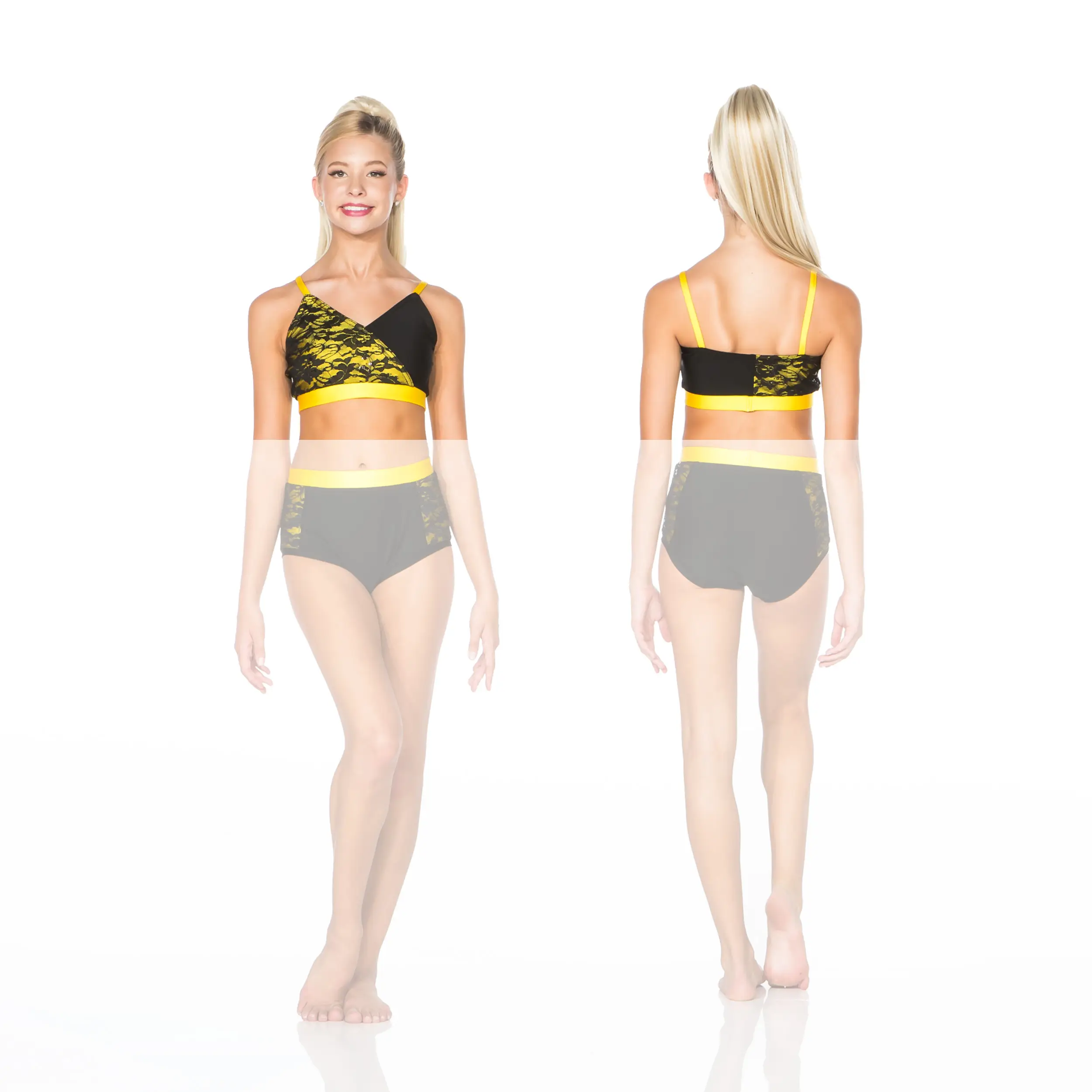 Model wearing black and yellow lace two-piece dancewear, front and back