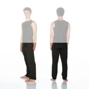 Male model wearing black sleeveless top and pants, front and back