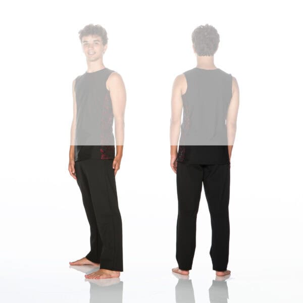 Male model wearing black sleeveless top and pants, front and back