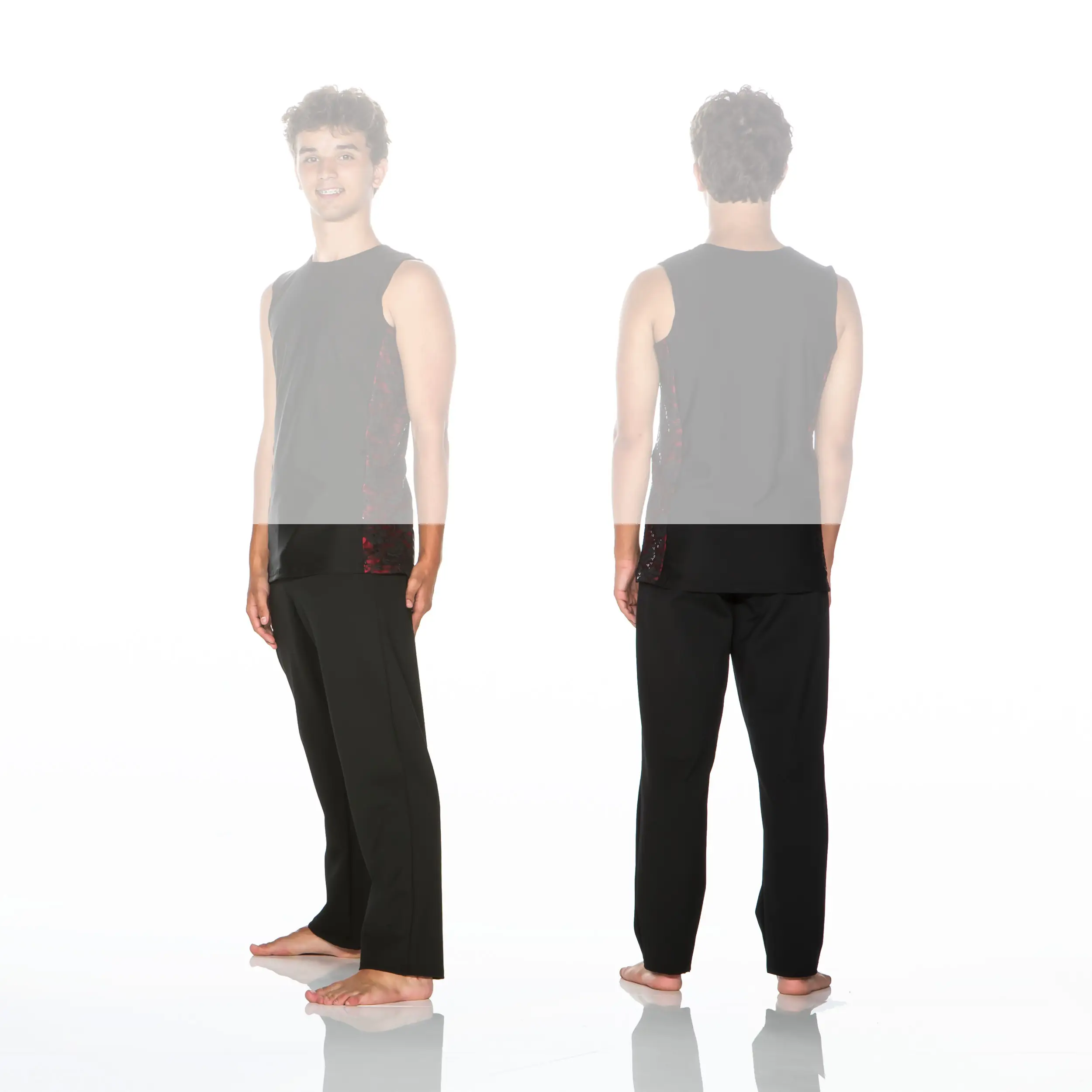 Male model wearing black sleeveless top and pants, front and back