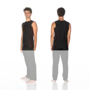 Male model wearing black sleeveless top, front and back views