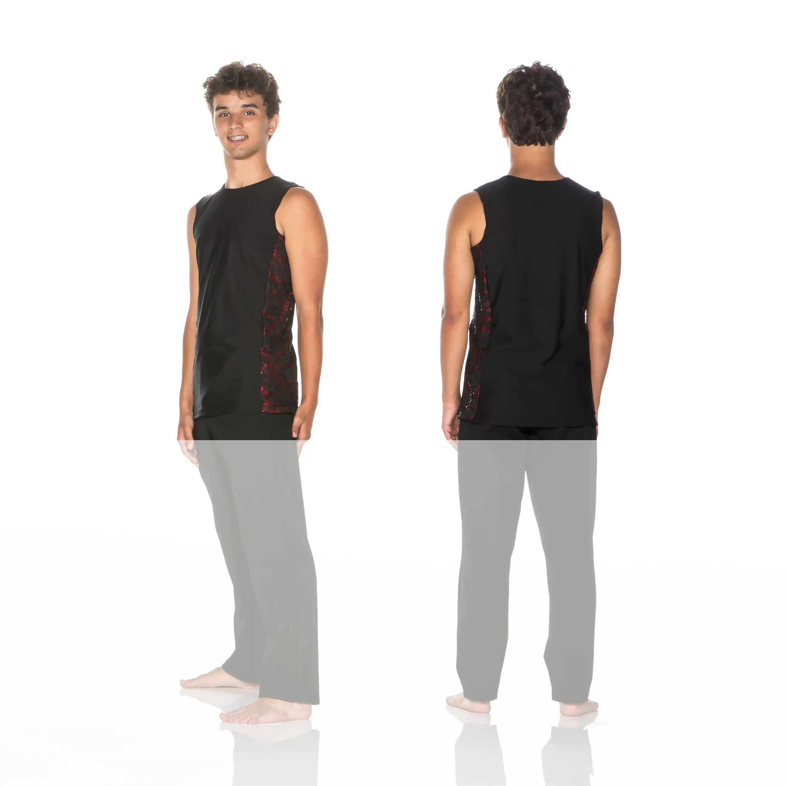 Male model wearing black sleeveless top, front and back views