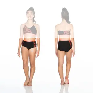 Front and back views of black and coral lace dancewear.