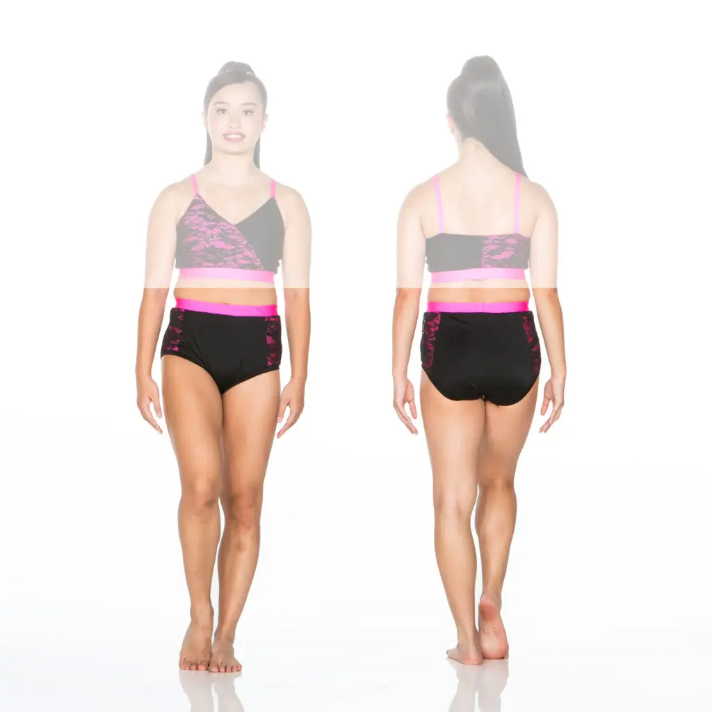 Front and back views of black and pink dancewear