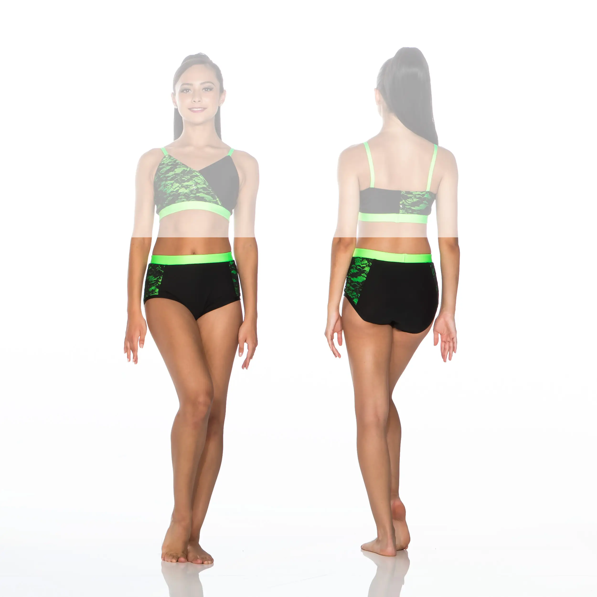 Model wearing black and green lace dancewear, front and back views