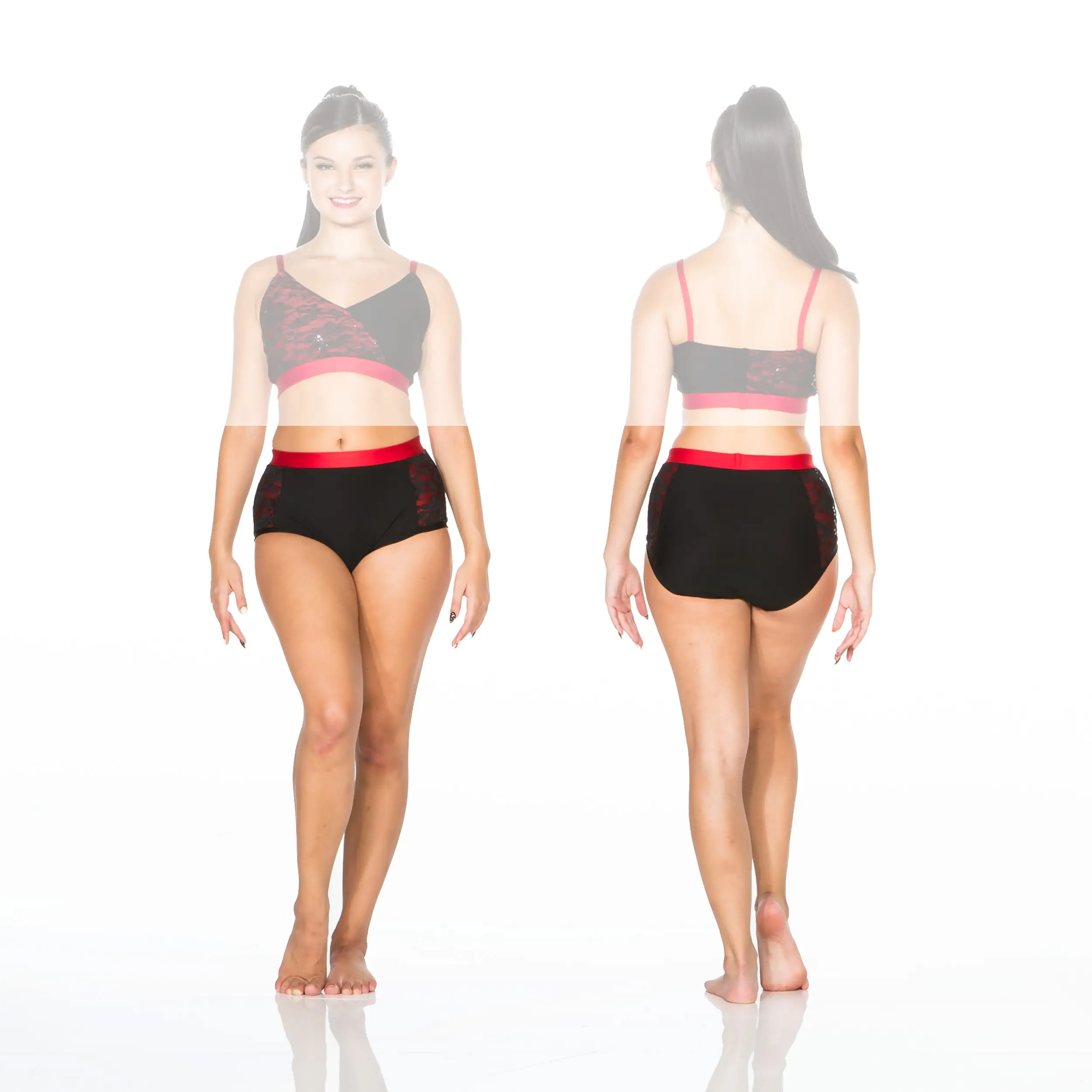 Front and back views of black and red dancewear set