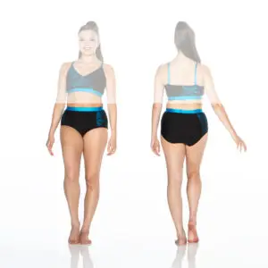 Woman modeling black and turquoise dancewear, front and back views