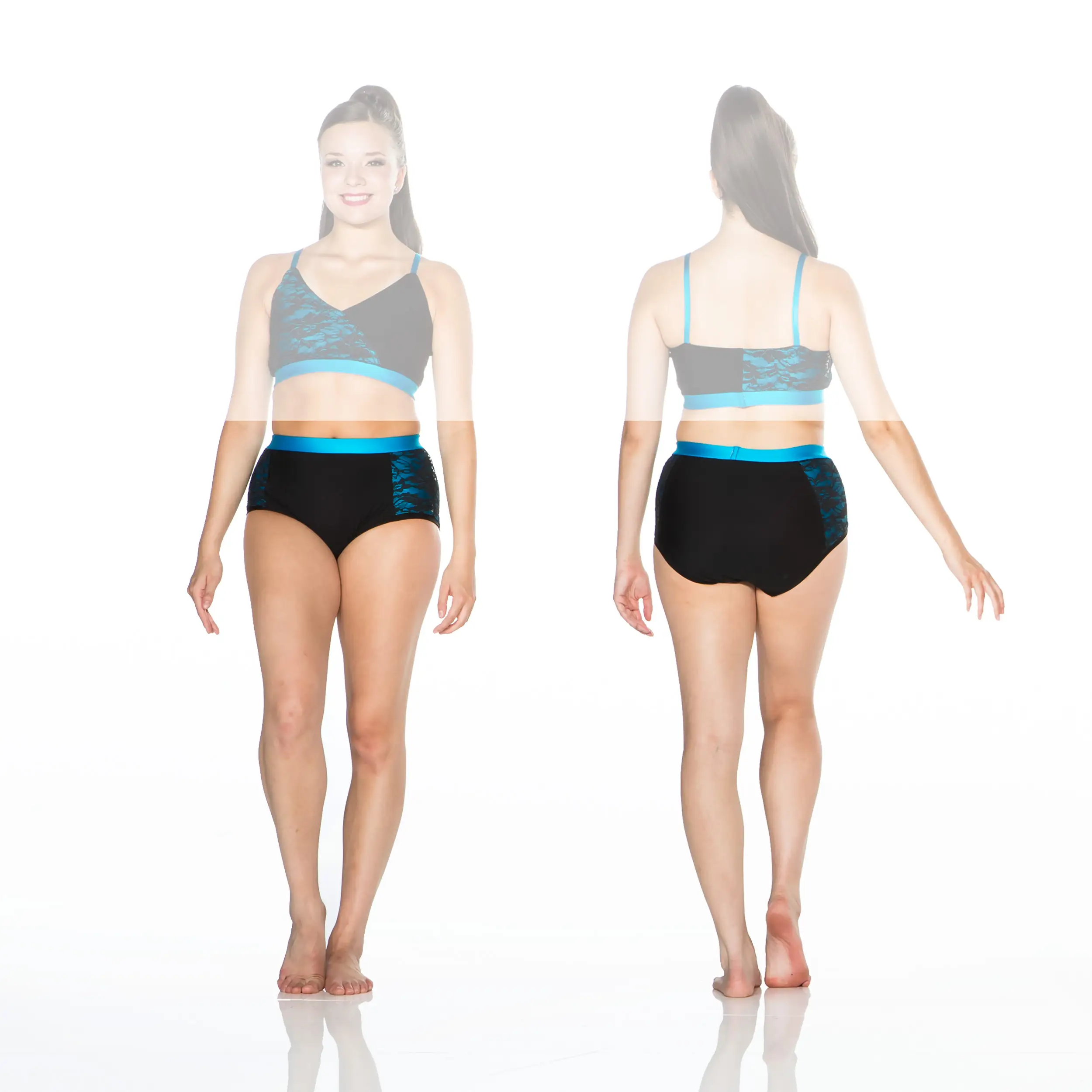 Woman modeling black and turquoise dancewear, front and back views