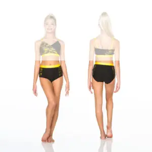 Front and back views of black and yellow dancewear