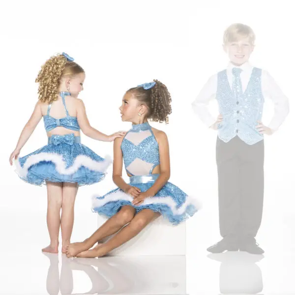 Young dancers in blue costumes and boy in matching vest