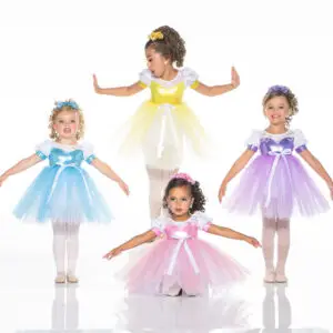 Four young girls wearing colorful princess ballet dresses