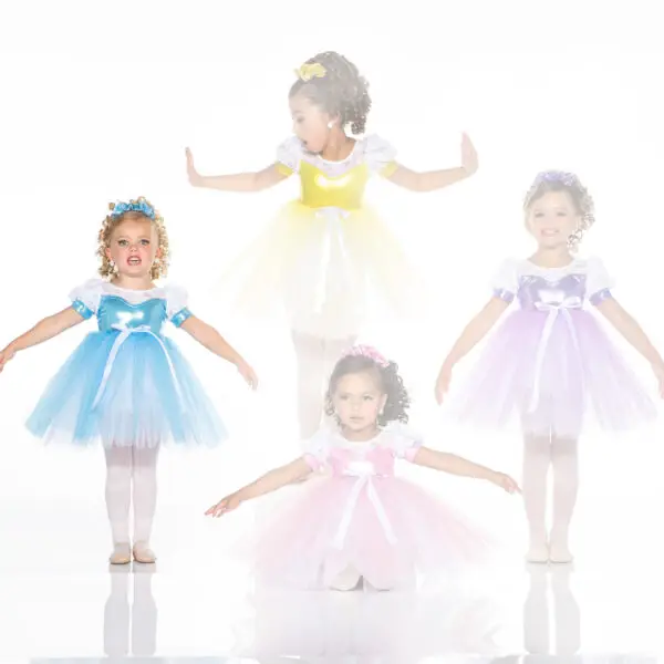 Four girls wearing colorful princess-style ballet dresses