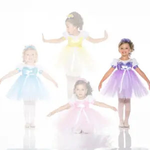 Four young girls in colorful princess ballet dresses
