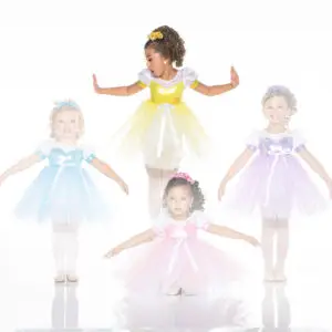 Four young girls wearing colorful princess-style ballet dresses