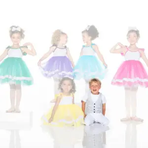 Children modeling colorful tutu dresses and a patterned vest