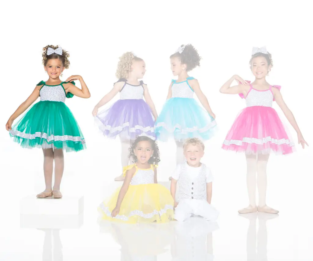 Children modeling colorful formal dresses and a white vest