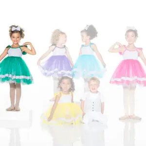 Children modeling colorful formal dresses and a white vest