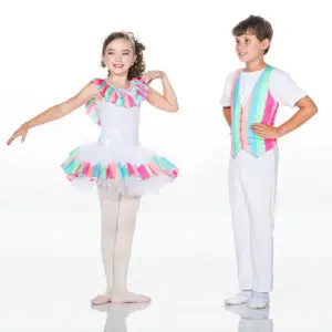 Two children wearing colorful dance costumes on white background.